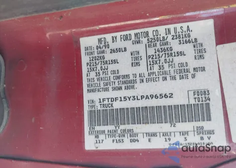 1990 Ford F150 from USA, damaged, VIN 1FTDF15Y3LPA96562